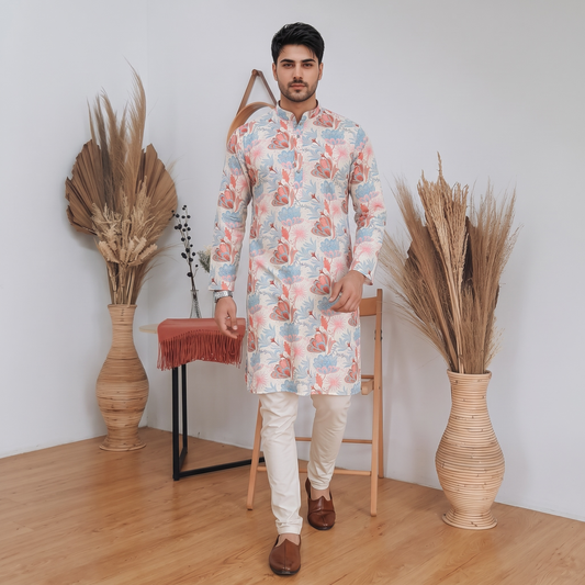 "Kavish" Premium floral digital and foil printed linen kurta.