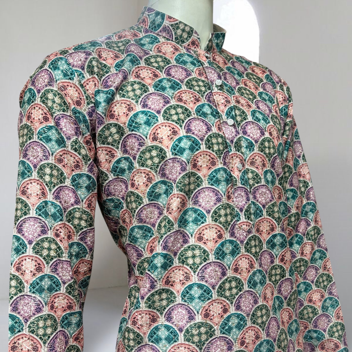 "Veer" Premium digital printed kurta with thread and sequins embroidery.