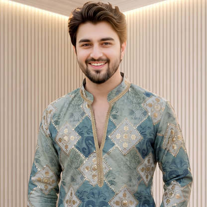 "Shree" Premium v neck thread ans sequins kurta with lining.(Wide pants included)