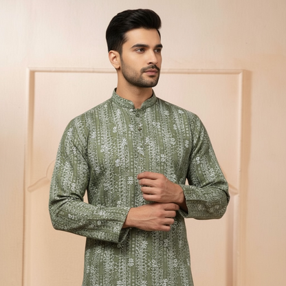 "Jash" Premium digital printed kurta with white thread embroidery butti and lining.