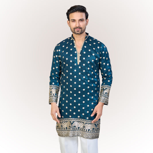 "Samarth" Premium tissue embroidered silk kurta(wide pants included)