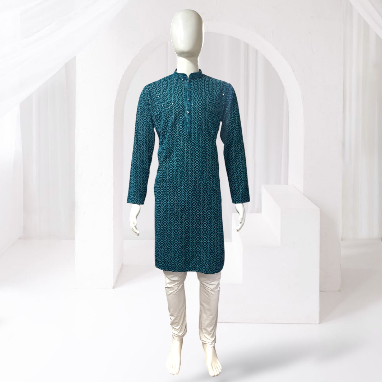 "Jairaj" Premium black rayon kurta with contrast thread work.