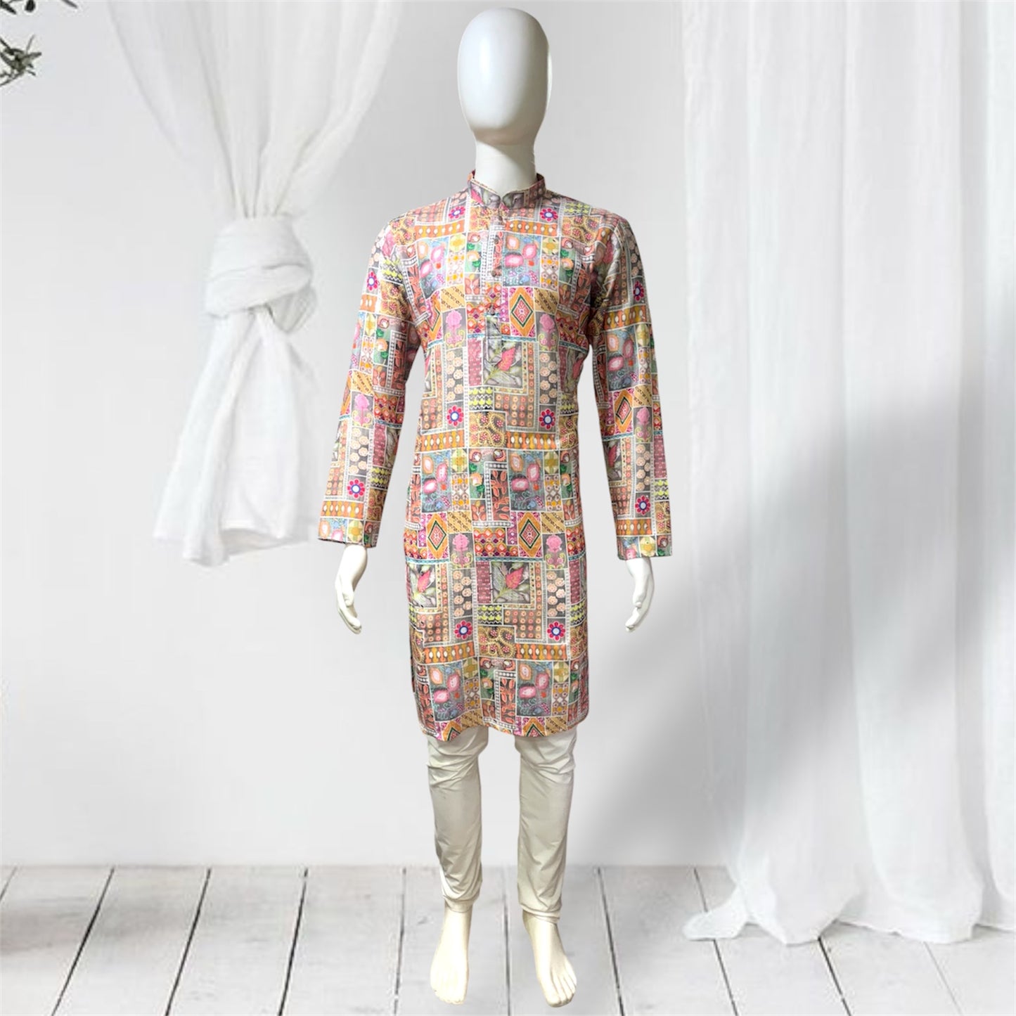 "Kunal" Premium digital printed kurta with thread and sequins embroidery.