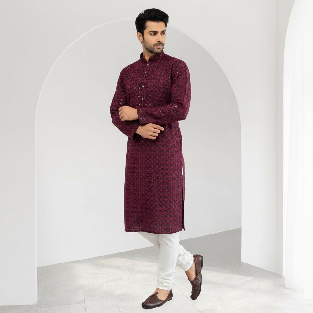 "Daksh" Black and Red Thread and Sequins Embroidery Kurta.