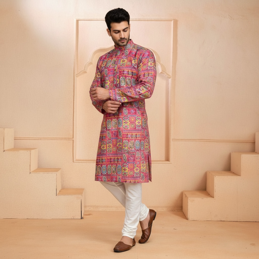 "Dheeraj" Premium digital printed kurta with thread and sequins work.
