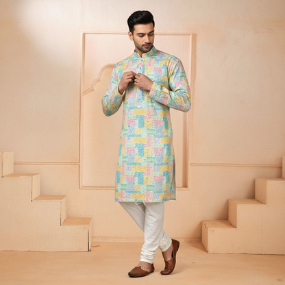 Yellow Block Design Printed Kurta