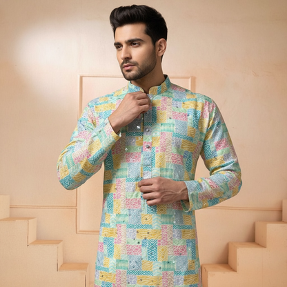 Yellow Block Design Printed Kurta