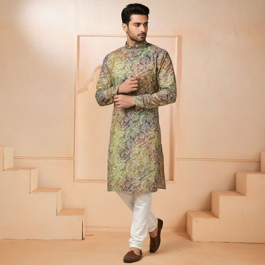 Green Flora-Embroidered Printed Kurta