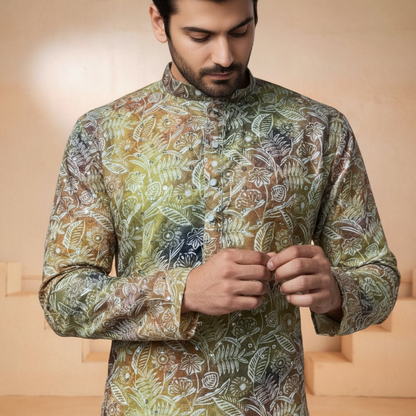 Green Flora-Embroidered Printed Kurta
