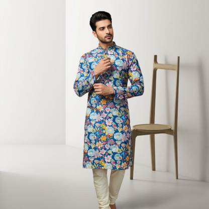"Dev" Blue Floral Embroidered Cotton Kurta for Men with Thread & Sequins Work