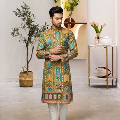 "Akshay" Premium digital printed kurta with thread embroidery.