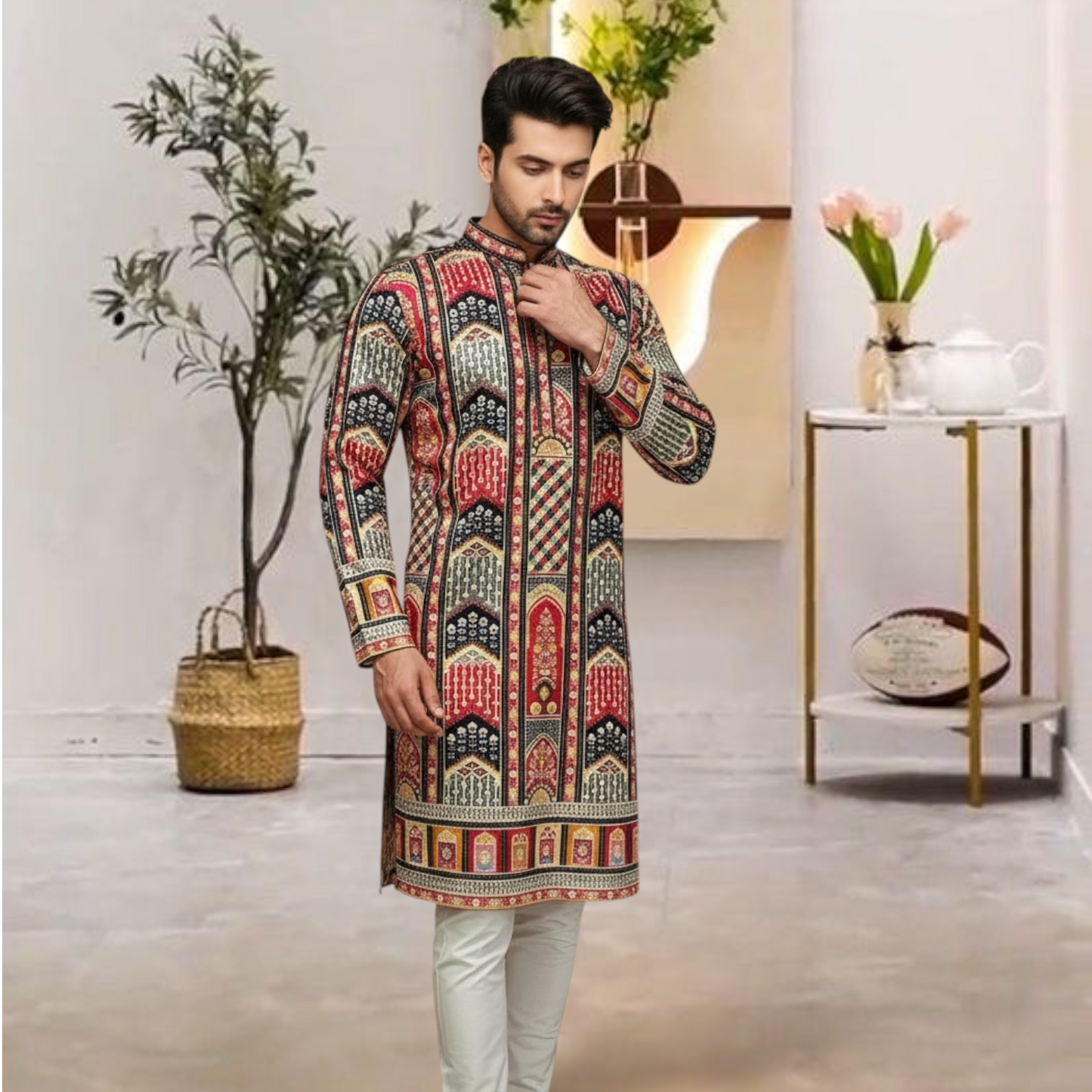 "Akshay" Premium digital printed kurta with thread embroidery.