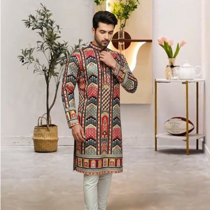 "Akshay" Premium digital printed kurta with thread embroidery.