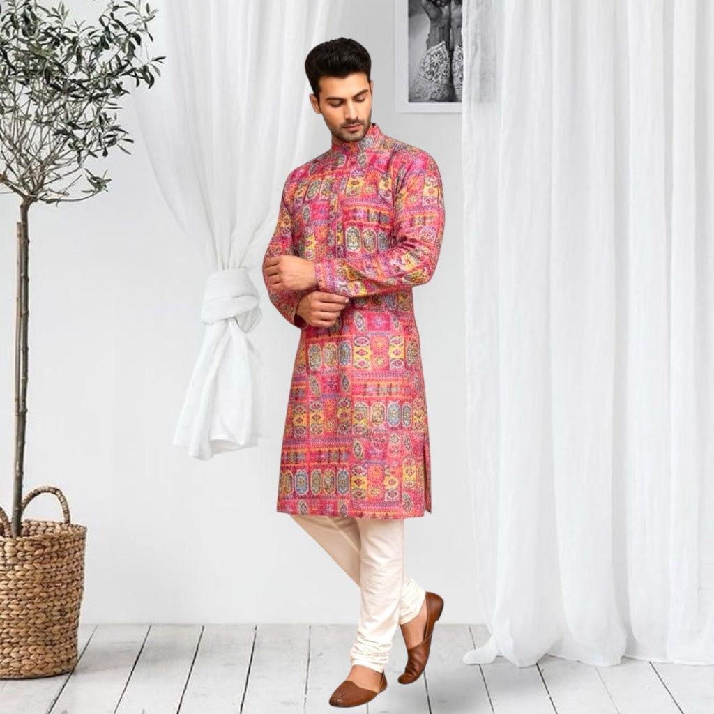 "Dheeraj" Premium digital printed kurta with thread and sequins work.