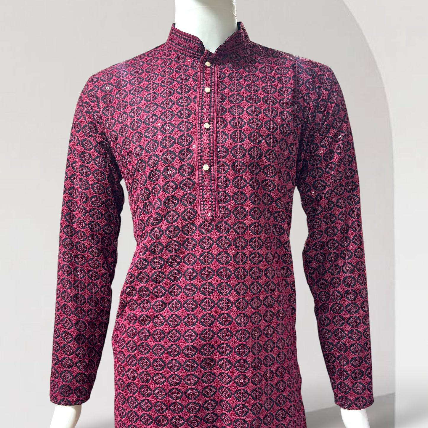 "Daksh" Black and Red Thread and Sequins Embroidery Kurta.