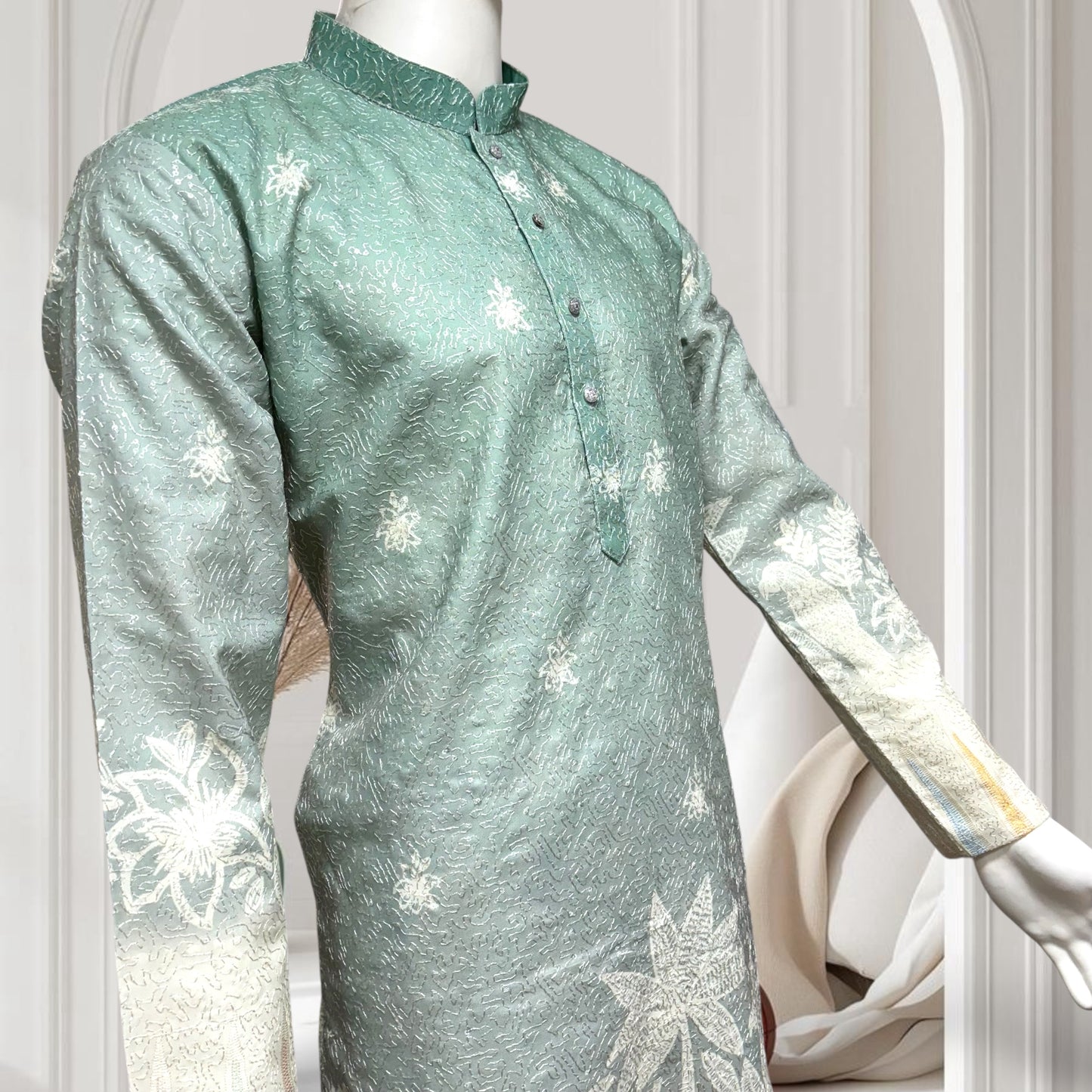 "Ojas" Premium digital printed kurta in border with thread embroidery.