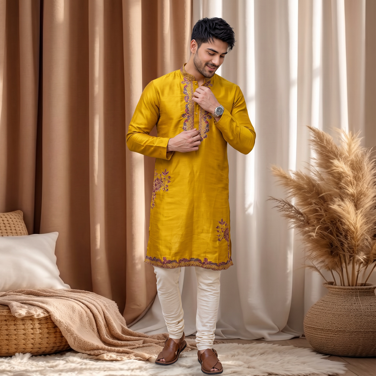 "Parth" Premium embroidery silk kurta with lining.