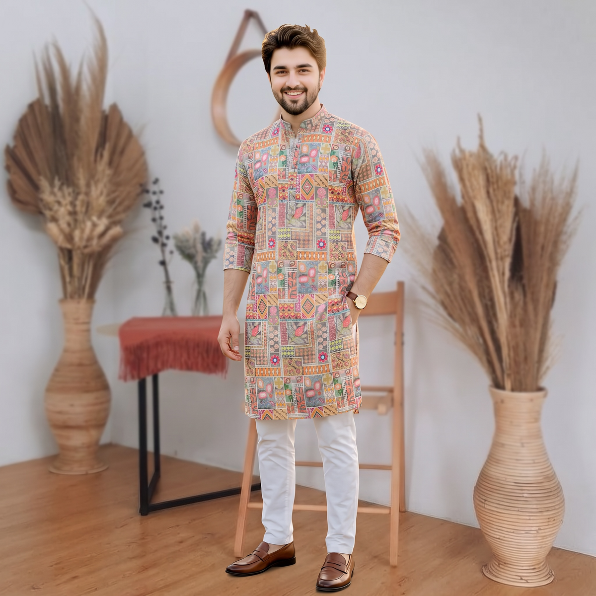 "Kunal" Premium digital printed kurta with thread and sequins embroidery.