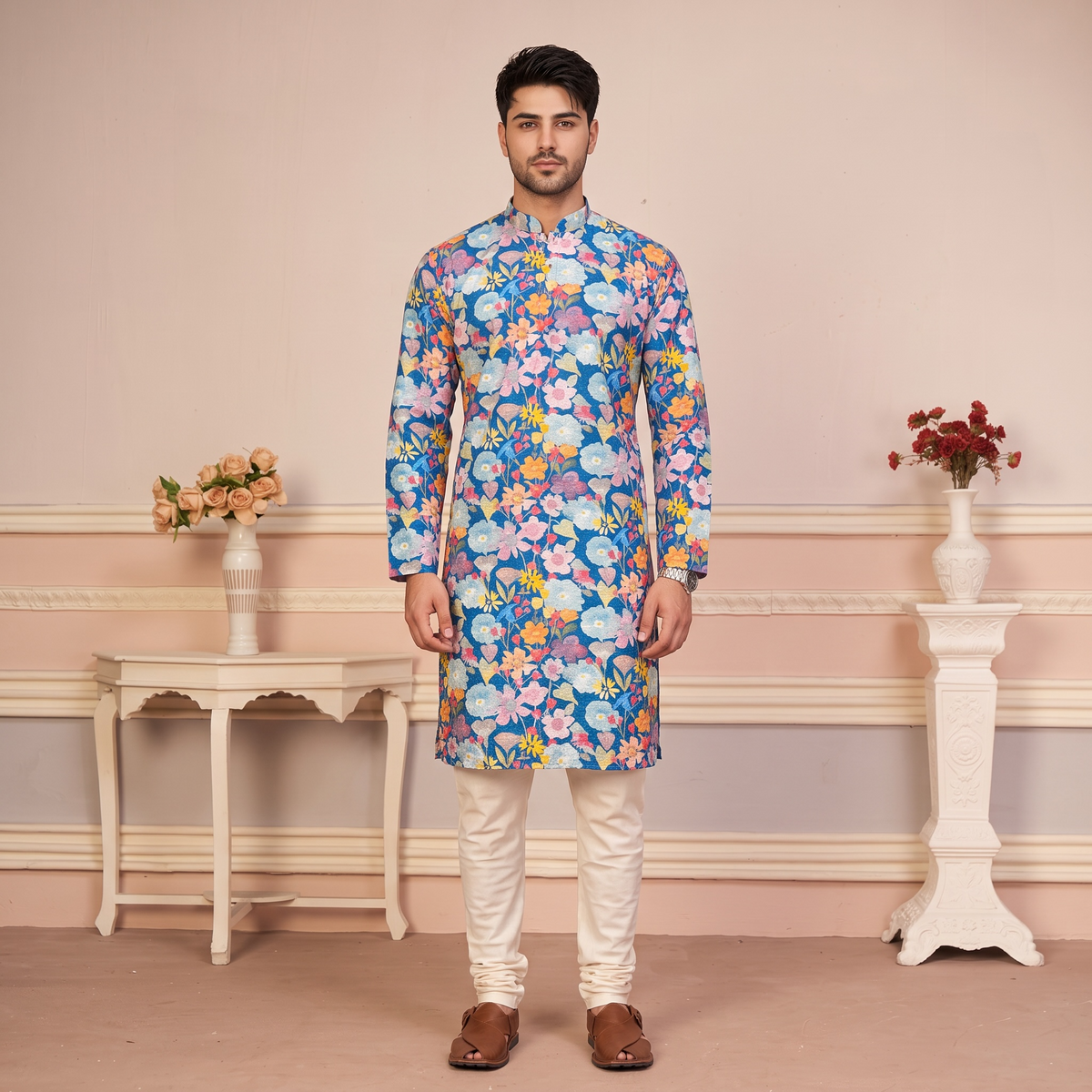 "Dev" Blue Floral Embroidered Cotton Kurta for Men with Thread & Sequins Work