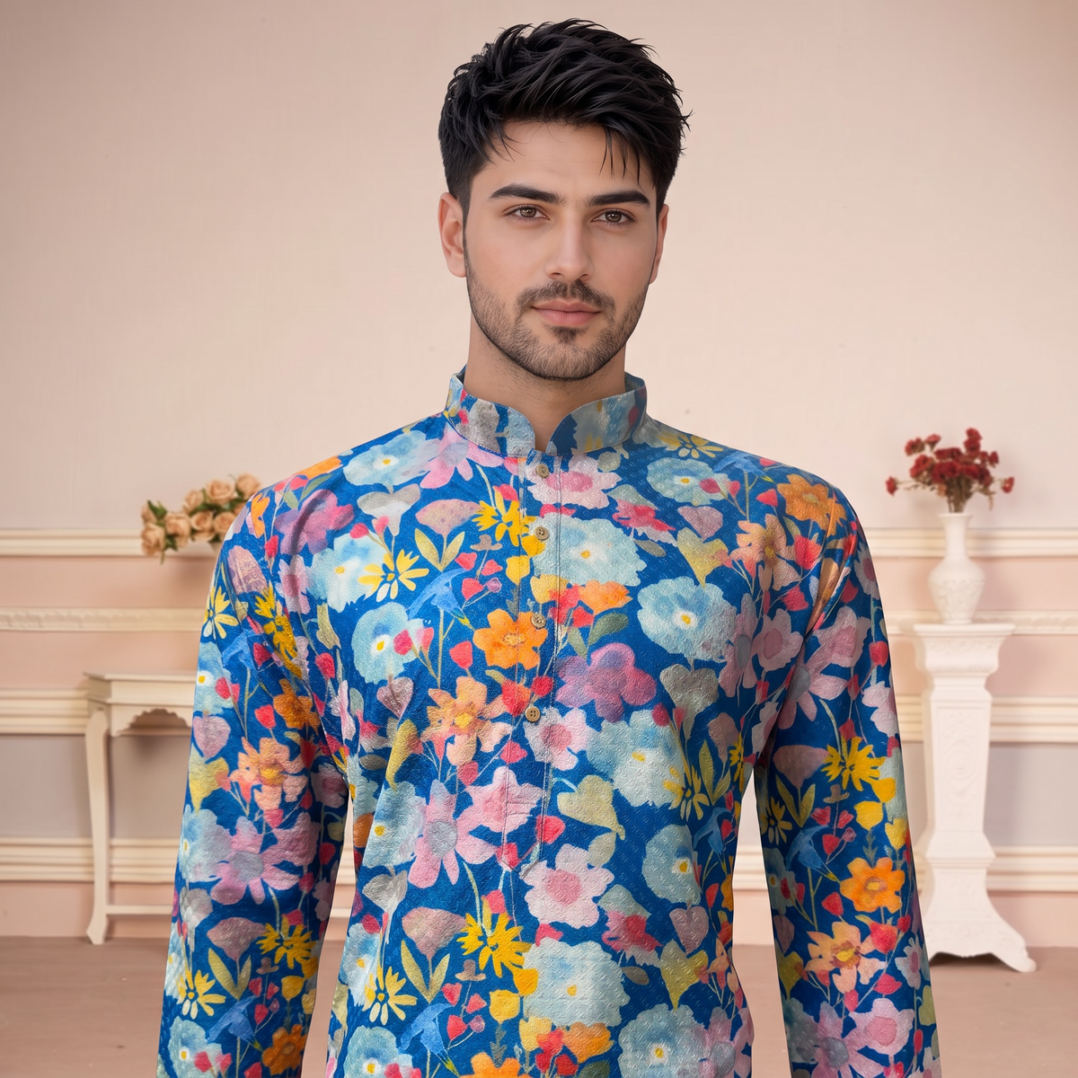 "Dev" Blue Floral Embroidered Cotton Kurta for Men with Thread & Sequins Work