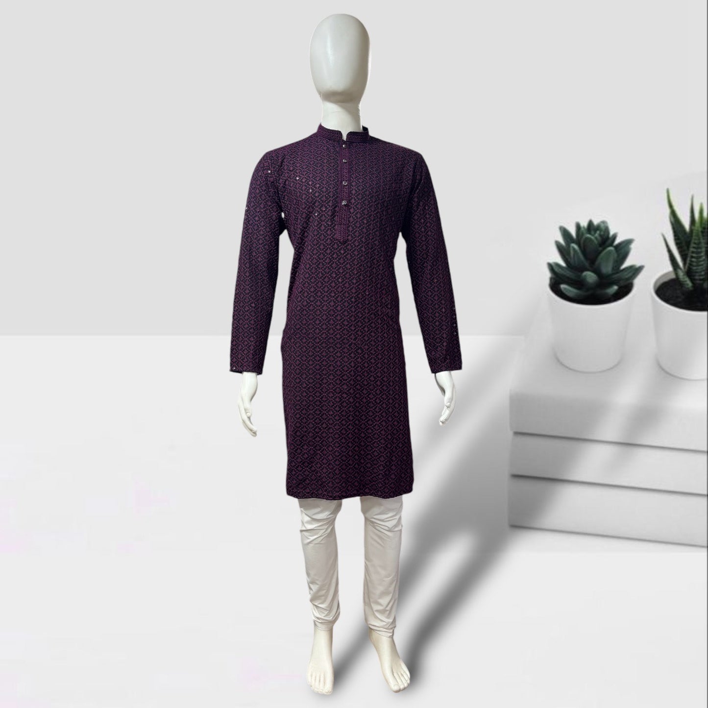 "Jairaj" Premium black rayon kurta with contrast thread work.
