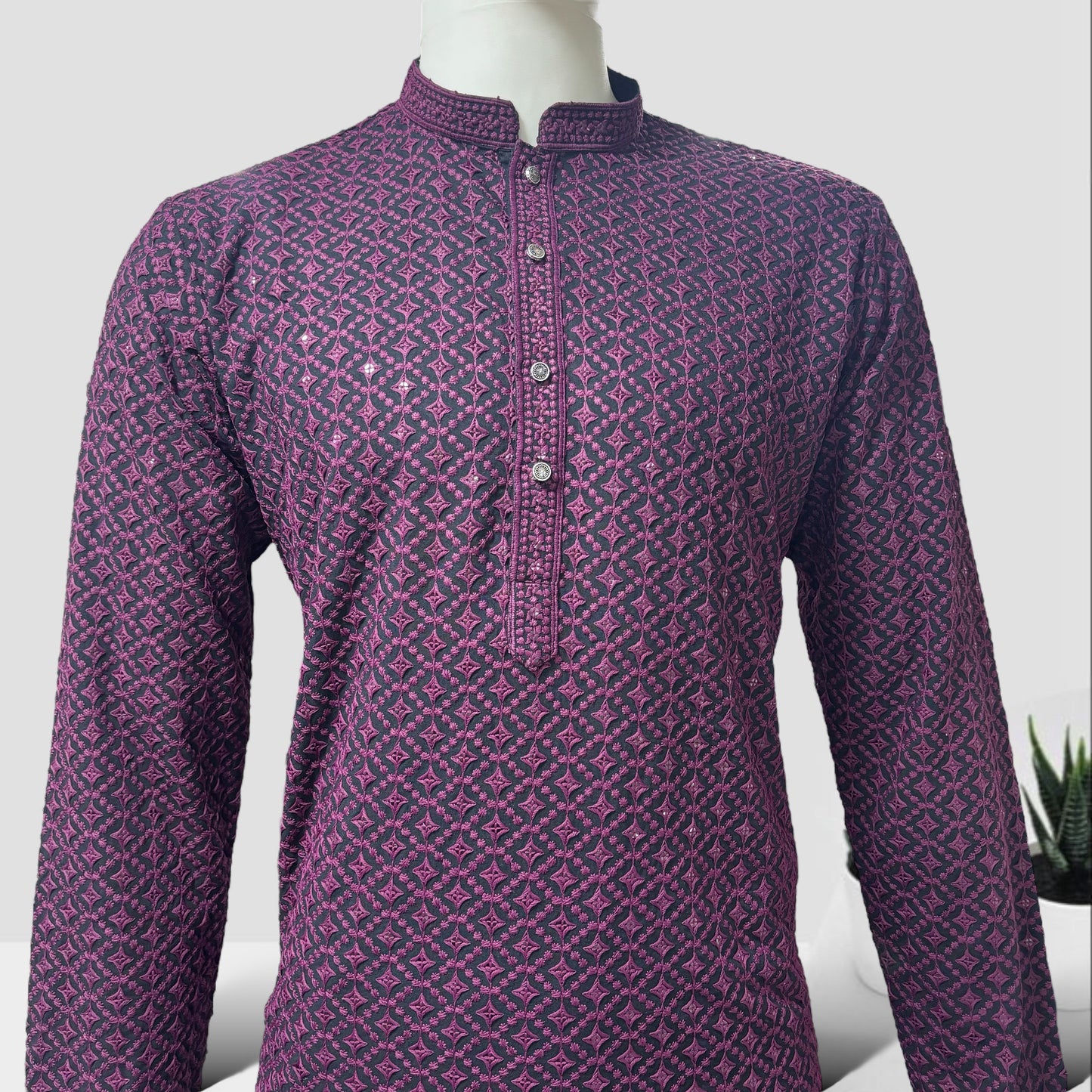 "Jairaj" Premium black rayon kurta with contrast thread work.