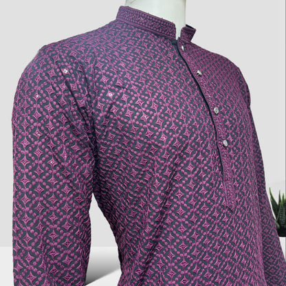 "Jairaj" Premium black rayon kurta with contrast thread work.