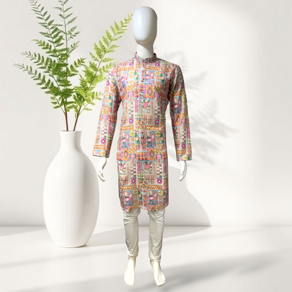 "Kunal" Premium digital printed kurta with thread and sequins embroidery.