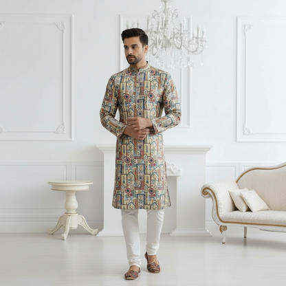 "Reyansh" Premium jacquard silk digital printed kurta with lining.