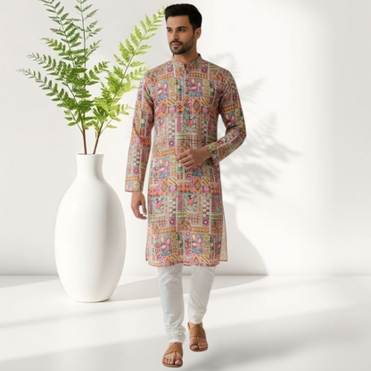 "Kunal" Premium digital printed kurta with thread and sequins embroidery.