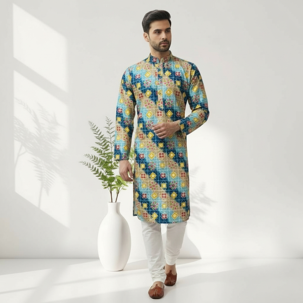 "Kushal" Premium digital printed kurta with thread and sequins work.