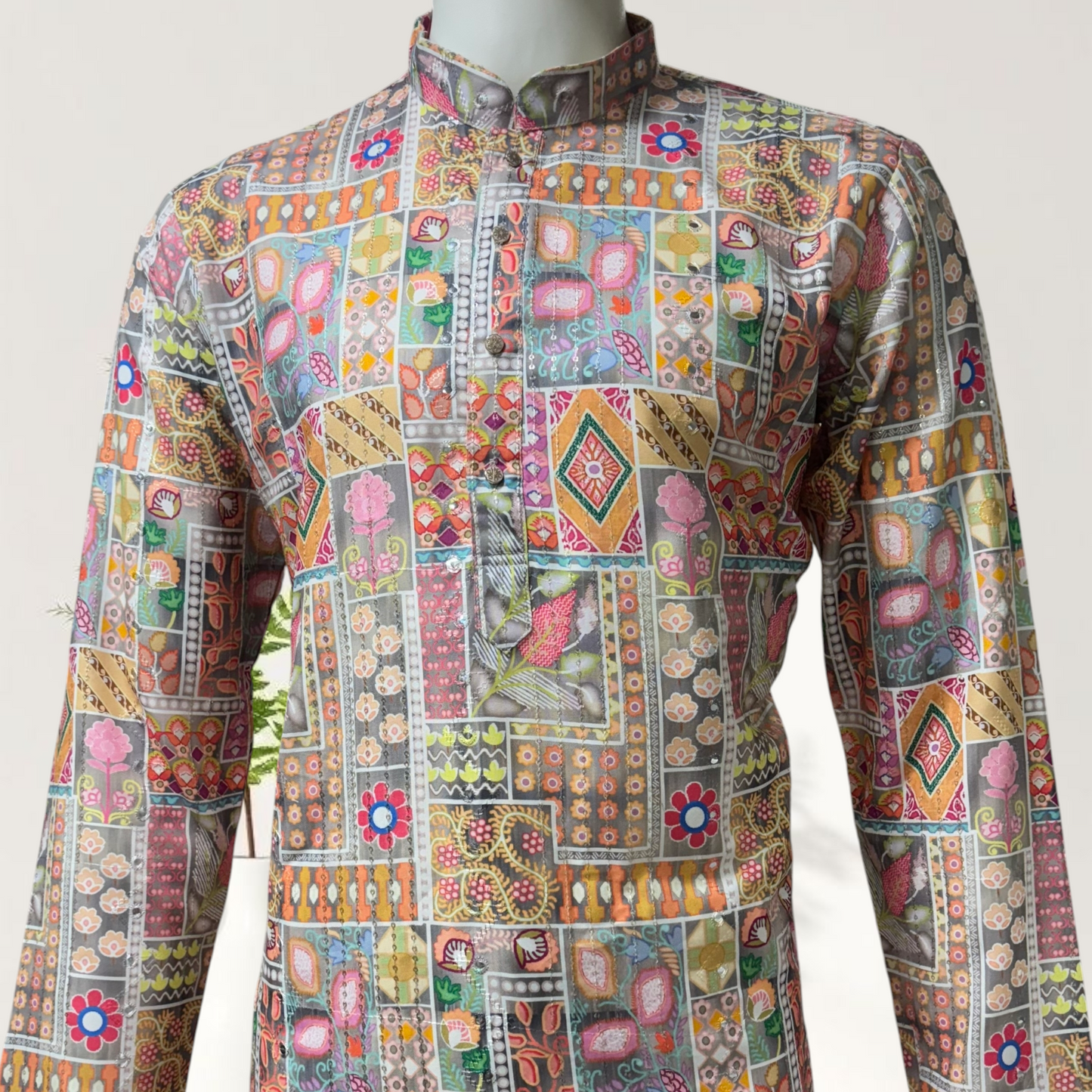 "Kunal" Premium digital printed kurta with thread and sequins embroidery.