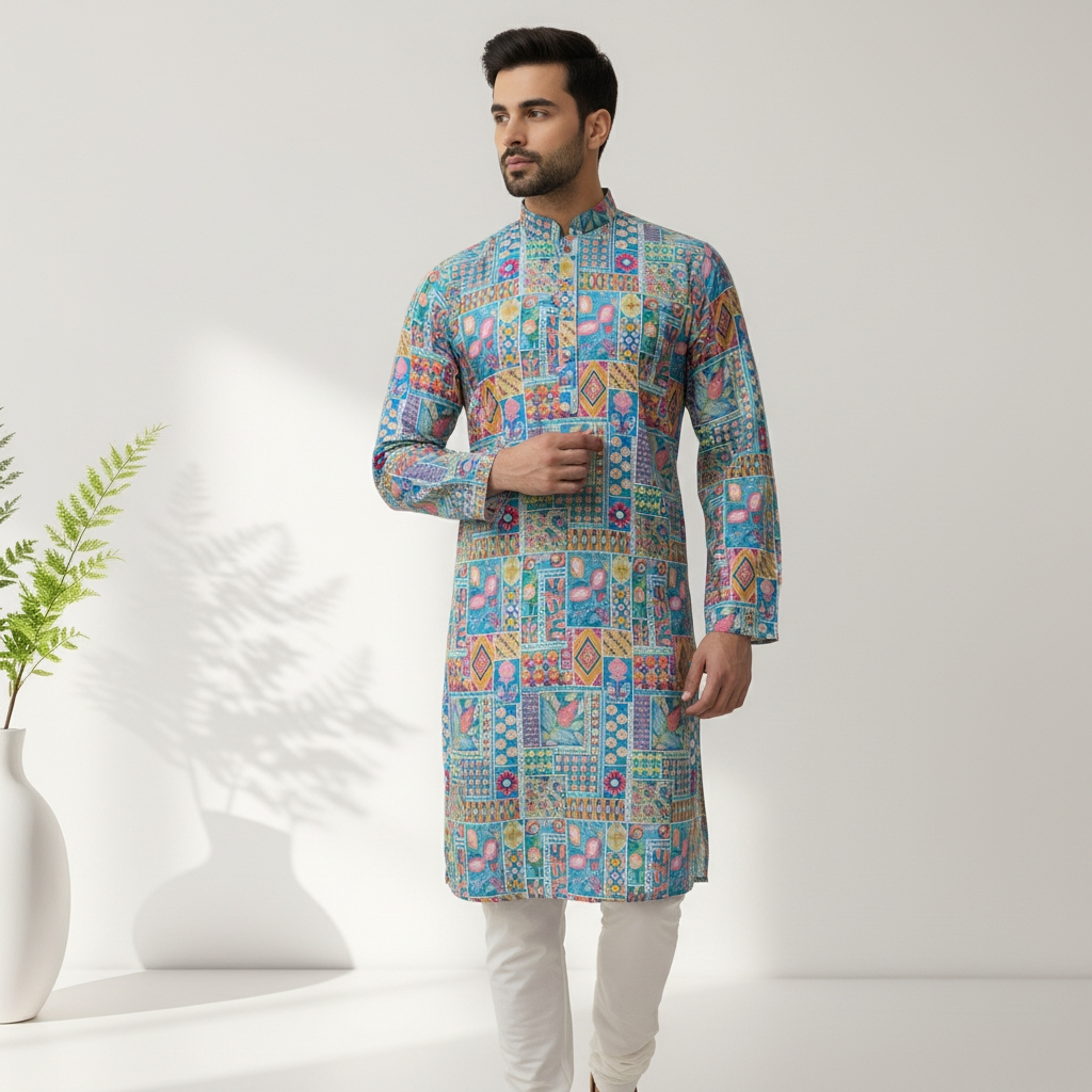 "Kunal" Premium digital printed kurta with thread and sequins embroidery.