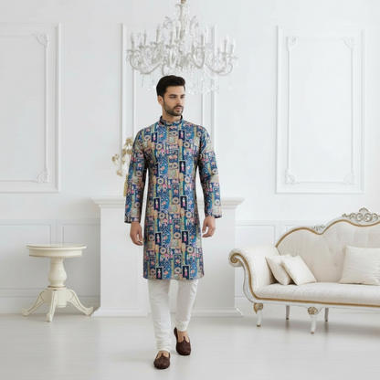 "Reyansh" Premium jacquard silk digital printed kurta with lining.